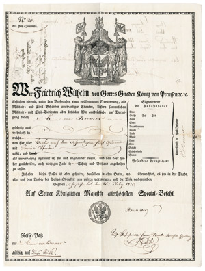 Lot 2491, Auction  102, Hardenberg, Karl August Fürst von, Signatur 1813 auf einem Reisepaß
