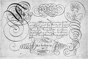 Lot 5615, Auction  102, Französisch, um 1600. Schreibmeisterblatt mit einer Bastarda und kalligraphischen Schwunglinien, die rechts oben in einem Bajazzogesicht münden