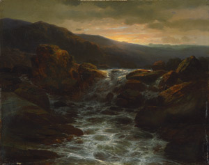 Lot 6145, Auction  102, Calame, Alexandre, Sonnenuntergang über einem Wasserfall und Stromschnellen in felsiger Landschaft