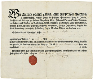 Lot 2749, Auction  104, Heinrich, Prinz von Preußen, Signierter Reisepaß für den Marquis de Bouflers