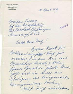Lot 2066, Auction  106, Graf, Oskar Maria, Brief 1959 aus New York