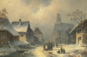 Lot 6619, Auction  107, Doll, Anton, Winterliche Dorfstraße mit Kirchgängern