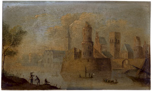 Lot 6039, Auction  108, Deutsch, 18. Jh. . Phantastische Rheinlandschaft mit befestigter Stadt