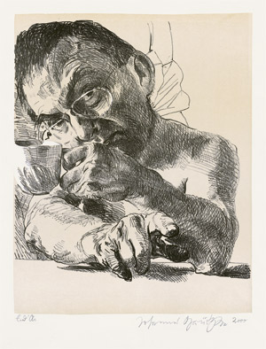 Lot 7215, Auction  108, Grützke, Johannes, Selbst am Tisch mit Tasse und zeigendem Finger