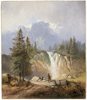 Lot 6093, Auction  109, Deutsch, um 1830. Wanderer im Hochgebirge vor einem Wasserfall