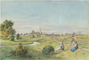 Lot 6648, Auction  110, Quaglio, Lorenzo, Rast bei der Ernte an einem Bächlein, im Hintergrund ein Dorf in Tirol.