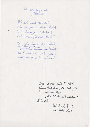 Lot 2026, Auction  111, Ende, Michael, Gedichtmanuskript und Porträt mit Widmung