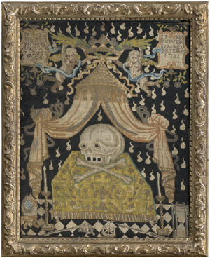 Lot 6355, Auction  111, Französisch, 1711. Klosterarbeit mit Stickbild eines Memento mori