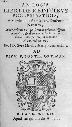 Lot 1728, Auction  112, Azpilcueta, Martín de, Apologia Libri de reditibus ecclesiasticis 