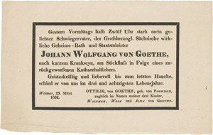 Lot 2363, Auction  112, Goethe, Johann Wolfgang von, Gedruckte Todesanzeige