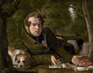 Lot 6109, Auction  112, Ahrens, Heinrich, Selbstportrait liegend mit Welpe, Tabakspfeife, Skizzenbuch und Stift im Bergpark Wilhelmshöhe