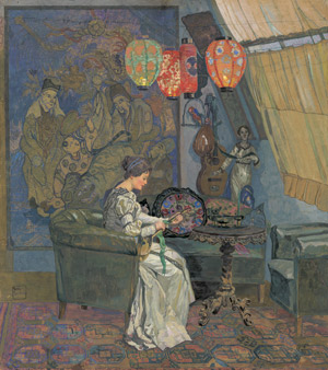 Lot 6247, Auction  112, Massmann, Hans, Im japanischen Salon: Junge Frau beim Saitenspiel