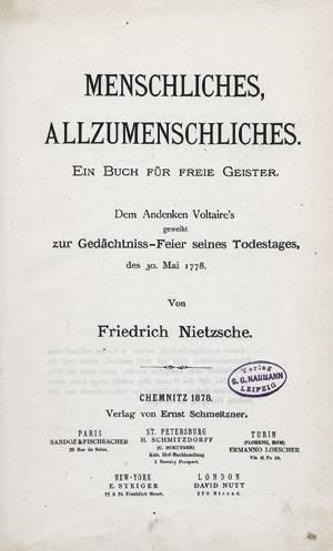 Lot 726, Auction  113, Nietzsche, Friedrich, Menschliches, Allzumenschliches