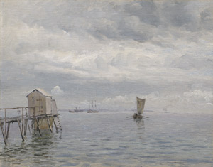 Lot 6144, Auction  113, Lübbers, Holger, Aufkommendes Gewitter über dem Meer mit Schiffen und Steg