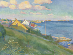 Lot 8351, Auction  113, Felixmüller, Conrad, Küste vor Møvik in Norwegen bei Abendsonne, Häuser und Wolken