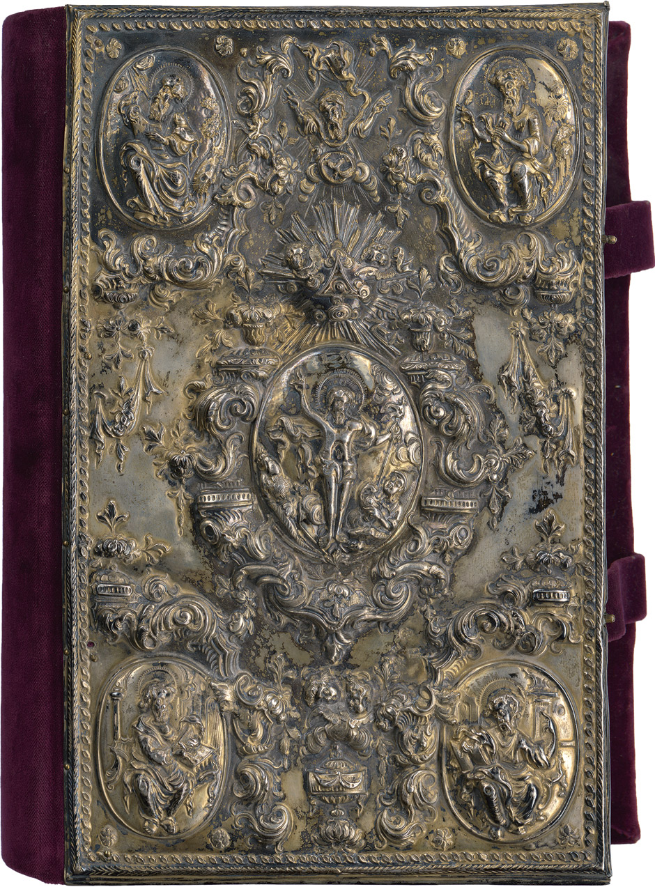 Lot 1272, Auction  115, Spätbarocker Silberblech-Einband, Schwerer Holzdeckelband Reliefplatte sowie 5 aufgenagelten Rückdeckelbeschlägen