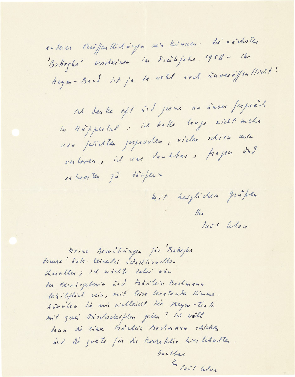 Lot 2509, Auction  115, Celan, Paul, Brief + Beilage 1957