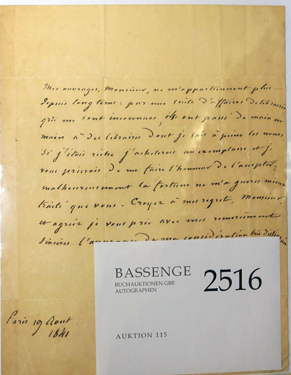 Lot 2516, Auction  115, Chateaubriand, François René Vicomte de, Brief 1841