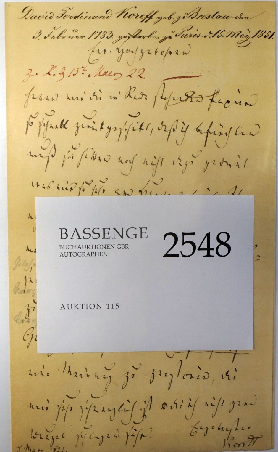 Lot 2548, Auction  115, Koreff, David Ferdinand, Brief 1822