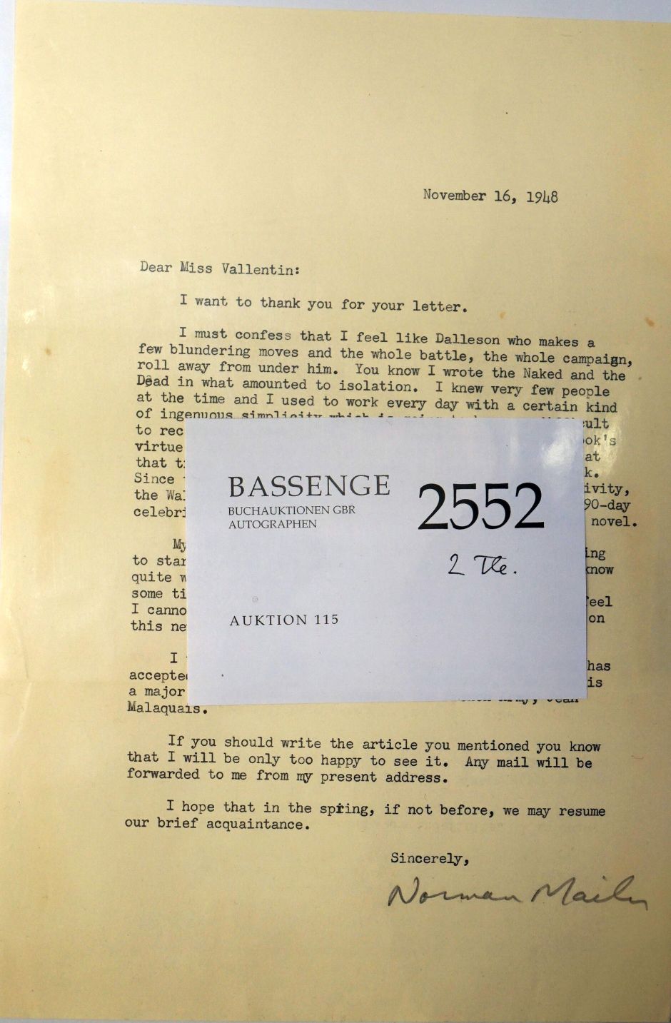 Lot 2552, Auction  115, Mailer, Norman, Brief 1948 an Antonina Vallentin