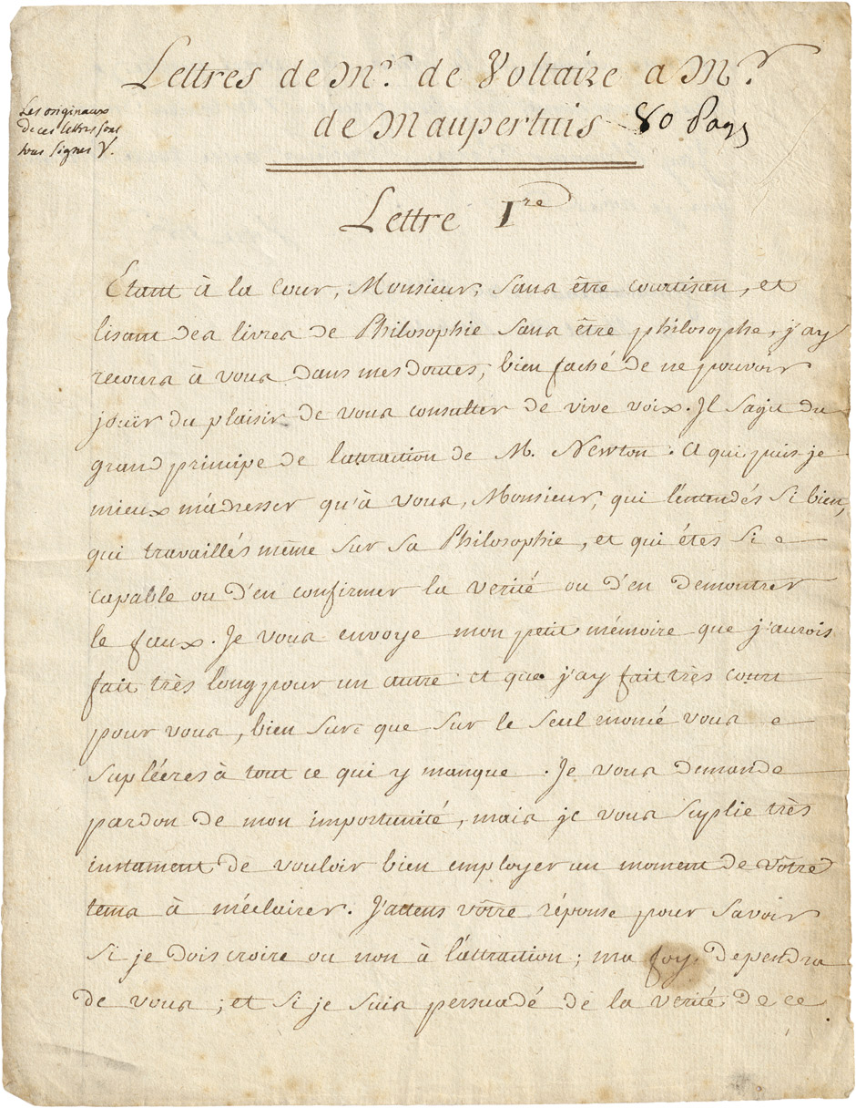Lot 2590, Auction  115, Voltaire, Francois Marie Arouet, gen., Zeitgenöss. Konvolut Brief-Abschriften an Maupertuis