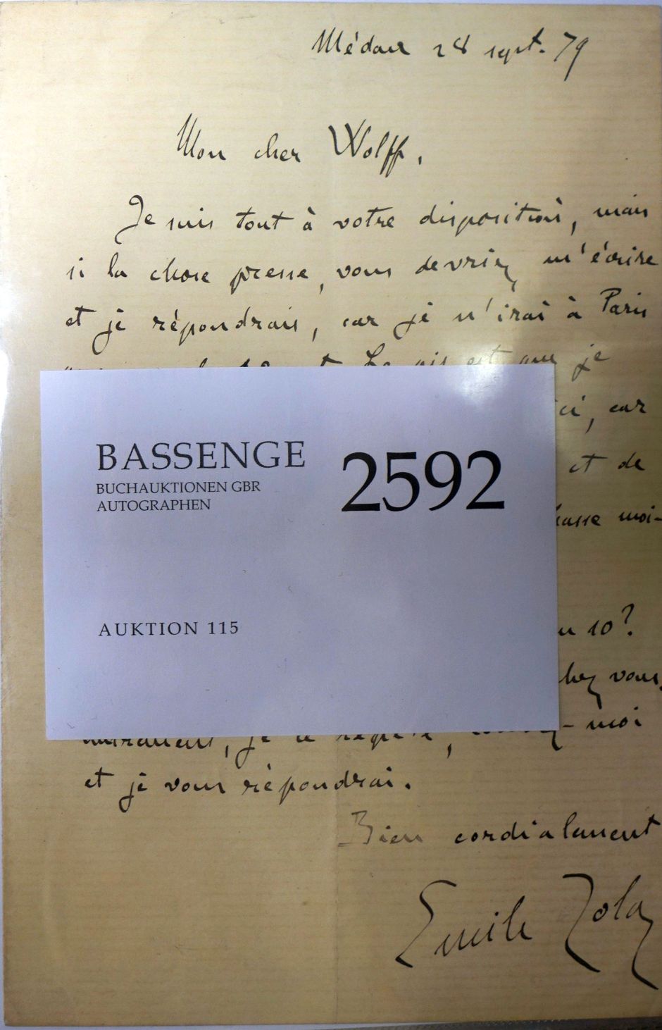 Lot 2592, Auction  115, Zola, Émile, Brief 1879 an Albert Wolff