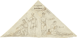 Lot 315, Auction  116, Esmarch, Friedrich von, Der erste Verband. Lithographischer Druck auf Dreiecksverband aus Baumwolltuch