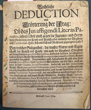 Lot 595, Auction  116, Rößler, Johann Henrich, Rechtliche Deduktion und Erörterung der Frag: Ob das Jus affigendi Literas Pententes, insonderheit auch gegen die Zigeuner und Herrnloses Gesindlein... sich mit bestand Rechtens zuzueignen habe?
