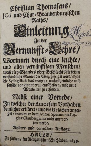 Lot 2119, Auction  117, Thomasius, Christian, Einleitung zu der Vernunfft-Lehre