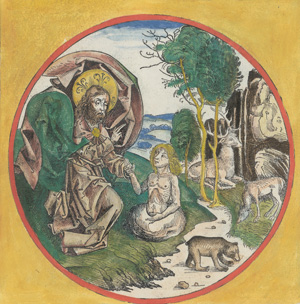 Lot 1006, Auction  121, Schedel, Hartmann, Die Erschaffung des Adam. Kolorierter großer Holzschnitt aus dem "Liber chronicarum". 