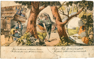 Lot 2304, Auction  121, Ziehbildchen, Dorfszene in koloriertem Holzstich.  