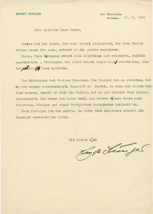 Lot 2385, Auction  121, Jünger, Ernst, Brief 1969