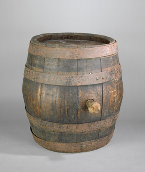 Lot 2753, Auction  121, Holzfass, Hölzernes Fass aus 16 Latten mit Eisenreifen und einem Holzstöpsel