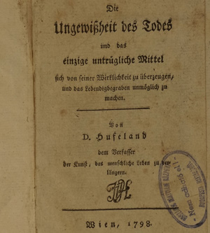 Lot 325, Auction  122, Hufeland, Christoph Wilhelm, Die Ungewißheit des Todes und das einzige untrügliche Mittel sich von seiner Wirklichkeit zu überzeugen, und das Lebendigbegraben unmöglich zu machen.