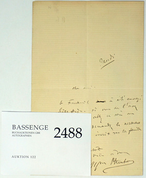 Lot 2488, Auction  122, Offenbach, Jacques, Brief wegen Theaterplatz