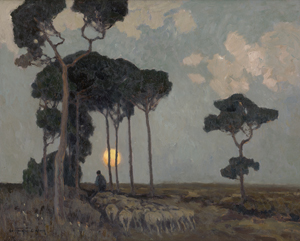 Lot 6122, Auction  122, Kayser-Eichberg, Karl, Landschaft mit Mondaufgang und heimkehrender Herde unter Pinien