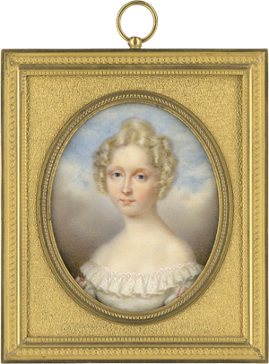 Lot 6551, Auction  122, Französisch, um 1820/1825. Miniatur Portrait einer blonden jungen Frau in weißem Kleid