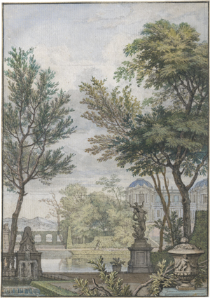 Lot 6701, Auction  122, Moucheron, Isaac de, Italienische Parklandschaft mit Giambolognas Statue "Raub einer Sabinerin"