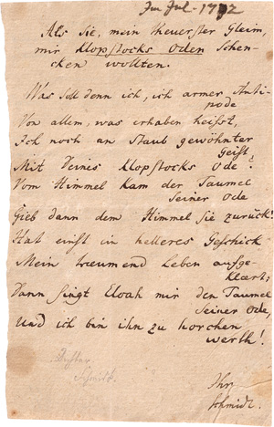 Lot 2319, Auction  123, Schmidt, Klamer, Signiertes Gedicht an Gleim