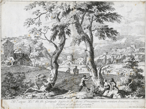 Lot 5858, Auction  123, Ricci, Marco, Landschaft mit Mann, der Frau und Kind einen Vogel bringt