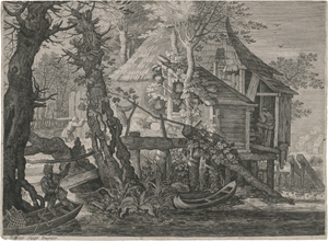Lot 5865, Auction  123, Sadeler, Aegidius, Waldige Flusslandschaft mit Pfahlhütte
