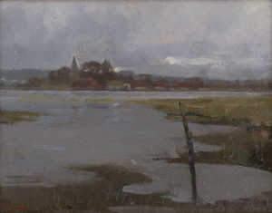 Lot 6163, Auction  123, Douzette, Louis, Nach dem Gewitter: Flusslandshcfat mit blick auf Dorfsilhouette