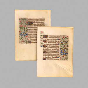 Lot 1019, Auction  125, Dornblattranken-Bordüren, 2 Doppelblätter aus einem spätmittelalterlichen Stundenbuch in lateinischer Handschrift auf Pergament. Ile-de-France um 1465.