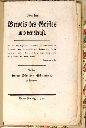 Lot 1554, Auction  125, Fragmentenstreit und Lessing, Gotthold Ephraim, 2 Kleinschriften. Hannover, Schmidt, 1778. - Mit dem Text von Gotthold E. Lessing und Johann D. Schumann