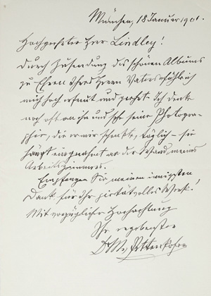 Lot 2069, Auction  125, Pettenkofer, Max von, Brief an William Lindley. 1901
