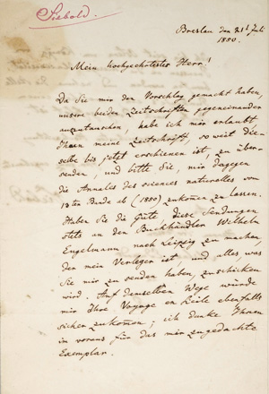 Lot 2076, Auction  125, Siebold, Carl Theodor von, Brief an Milne Edwards. 1850 