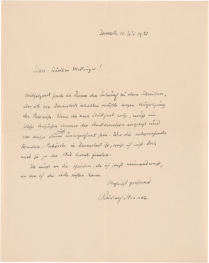 Lot 2079, Auction  125, Steiner, Rudolf, Brief an eine Studentin in Frankfurt. 1921