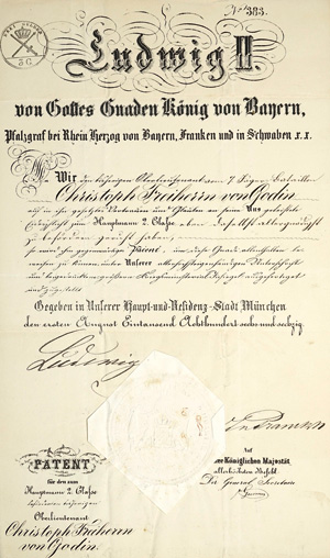 Lot 2085, Auction  125, Bayern., Urkunde: Patent als Hauptmann 2. Classe