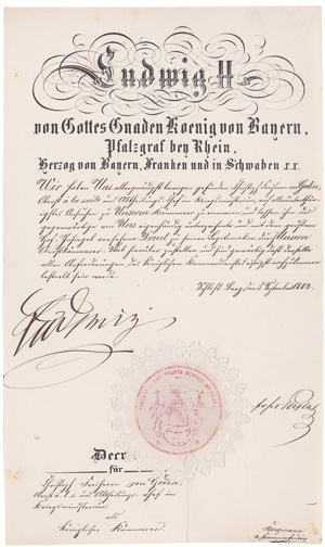 Lot 2086, Auction  125, Bayern.- Ludwig II., König von Bayern, Urkunde: Ernennung zum königl. Kämmerer