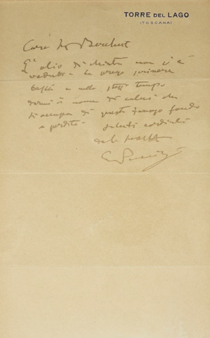 Lot 2175, Auction  125, Puccini, Giacomo, Signiertes Billet. Nach 1900